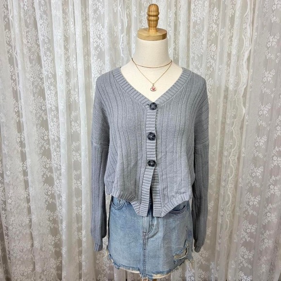 Hollister Gray Blue Long Sleeve Cardigan Sweater Women's S Button Up Preppy - Picture 1 of 8